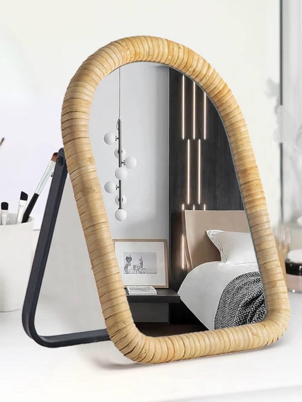 Boho Arched Vanity Table Rattan Mirror with Metal Stand ✨🕊️🪞